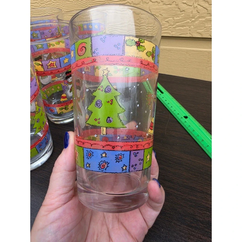 Sue Zipkin Snowman Christmas‎ Glass Tumblers Set of 12 Holiday Drinking Glasses
